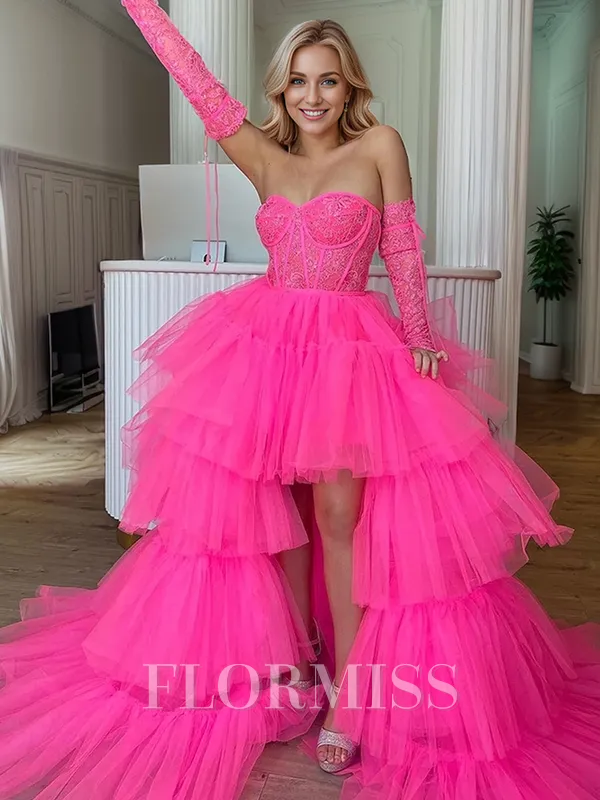 A-line/Princess Tulle Sweetheart Long Sleeves Court Train Homecoming Dress