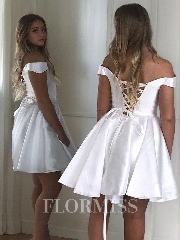 A-Line/Princess Off-the-Shoulder Short/Mini Satin Homecoming Dress With Ruffles