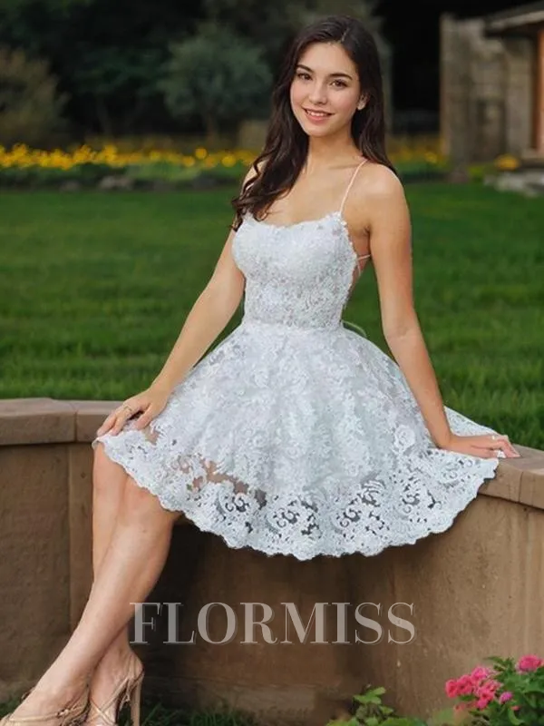 A-Line/Princess Spaghetti Straps Short/Mini Lace Homecoming Dress With Appliques Lace
