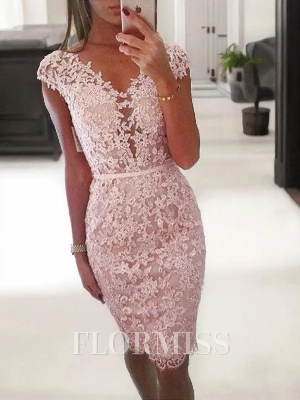 Sheath/Column V-neck Knee-Length Lace Homecoming Dress
