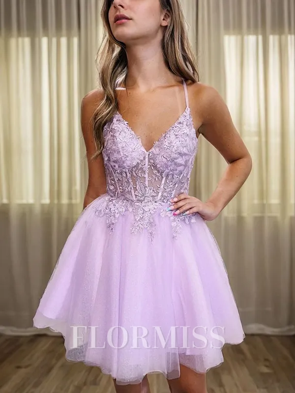 A-line V-neck Appliques Lace Short/Mini Tulle Corset Homecoming Dress