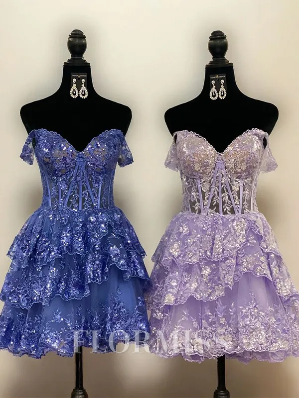 A-line Off-the-Shoulder Appliques Lace Short/Mini Tulle Corset Homecoming Dress
