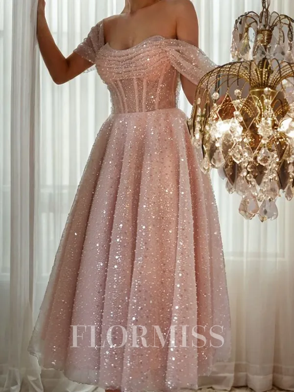 A-line Off-the-Shoulder Pleated Ankle-Length Corset Homecoming Dress