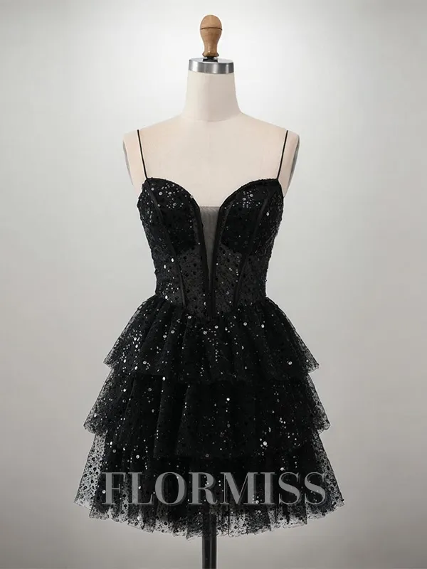 A-line Spaghetti Straps Cascading Ruffles Short/Mini Corset Homecoming Dress