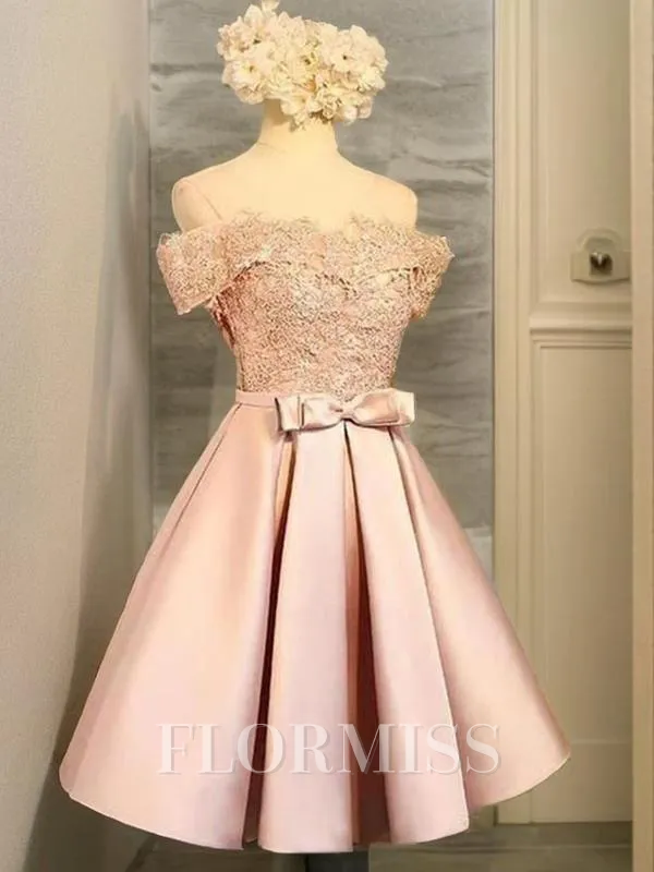 A-Line/Princess Off-the-Shoulder Short/Mini Satin Homecoming Dress With Bow