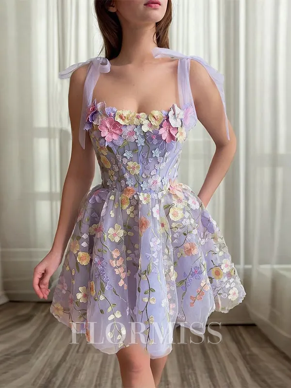 A-line Straps Appliques Lace Short/Mini Tulle Corset Homecoming Dress