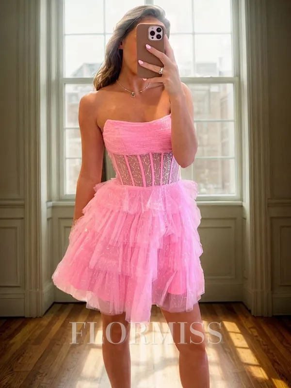 A-line Straight Cascading Ruffles Short/Mini Tulle Corset Homecoming Dress