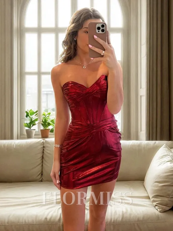 Sheath Straight Pleated Short/Mini Metallic Satin Corset Homecoming Dress