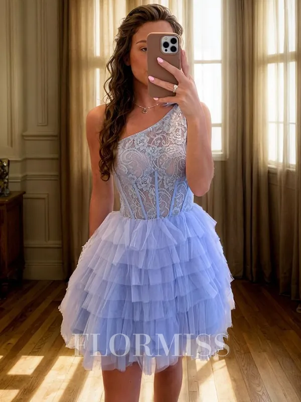 A-line One-Shoulder Cascading Ruffles Short/Mini Tulle Corset Homecoming Dress