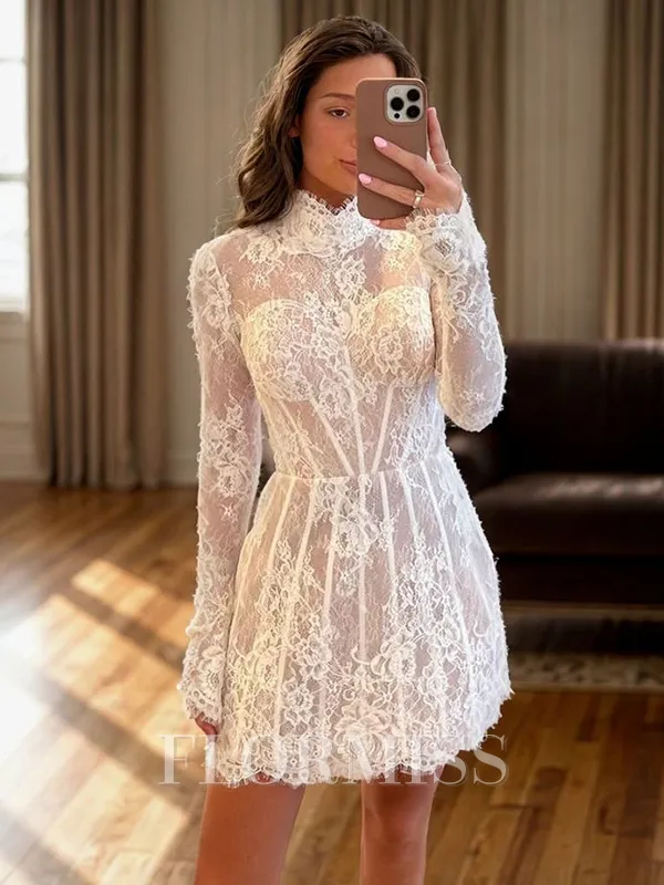 A-line High Neck Long Sleeves Appliques Lace Short/Mini Lace Corset Homecoming Dress
