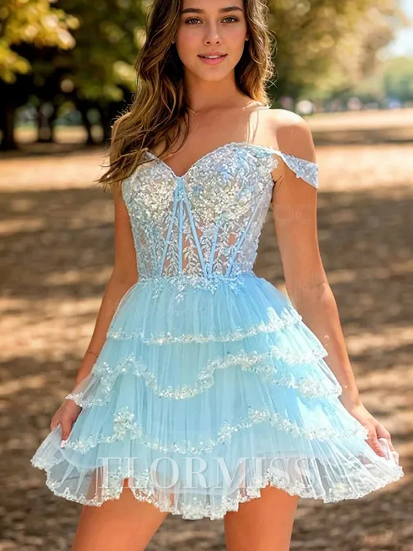 A-line Off-the-Shoulder Cascading Ruffles Short/Mini Tulle Corset Homecoming Dress