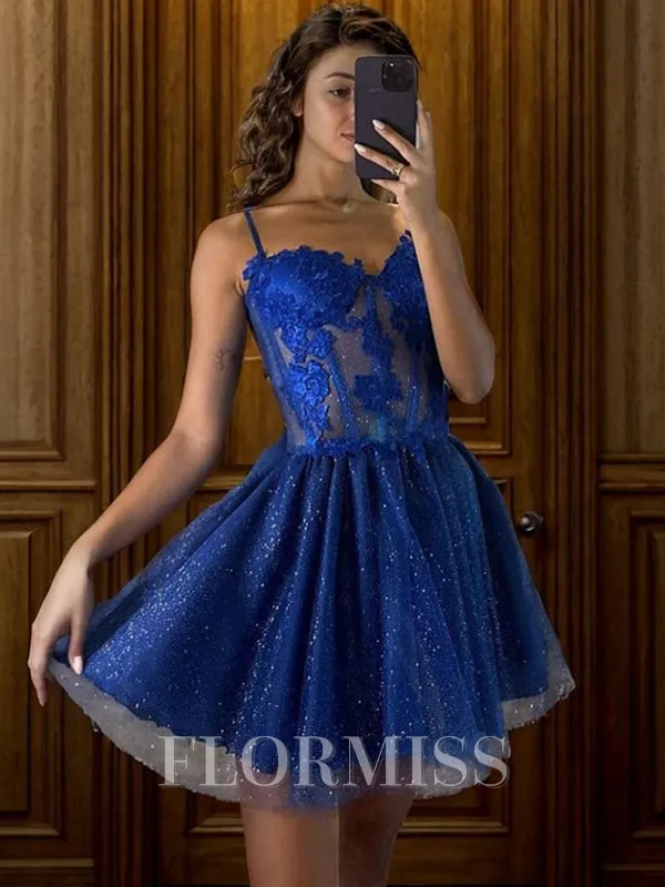 A-line Spaghetti Straps Appliques Lace Short/Mini Tulle Corset Homecoming Dress