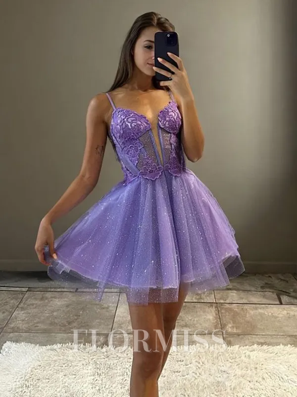 A-line Spaghetti Straps Appliques Lace Short/Mini Tulle Corset Homecoming Dress