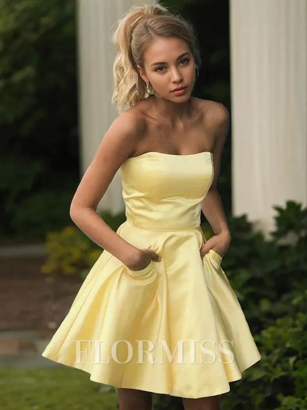 A-Line/Princess Strapless Short/Mini Satin Homecoming Dress