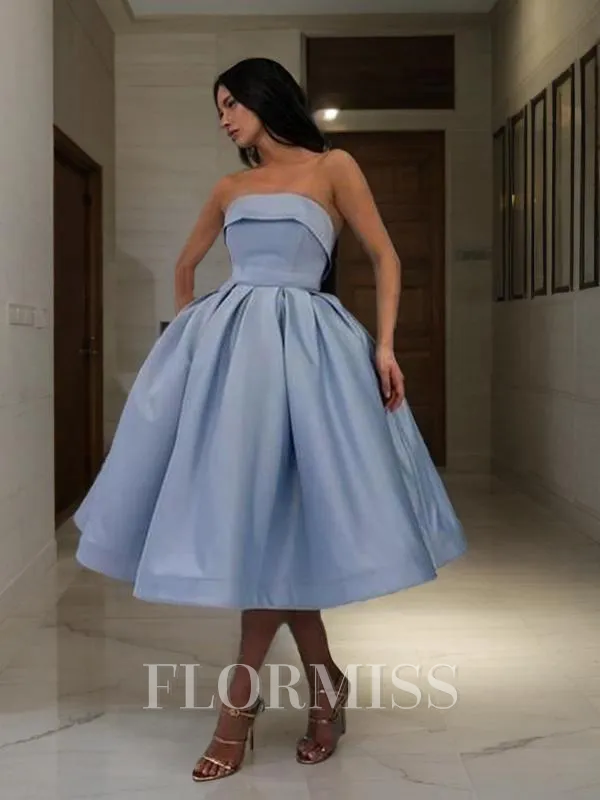 Ball Gown Strapless Tea-Length Satin Homecoming Dress With Ruffles