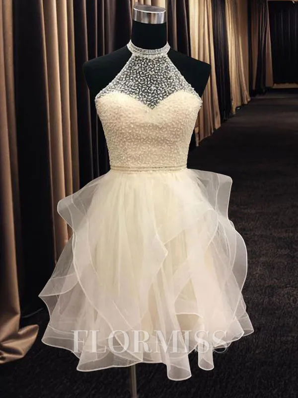 A-Line/Princess Halter Short/Mini Organza Homecoming Dress With Beading