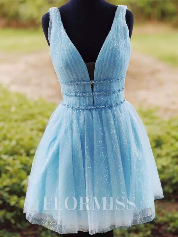 A-Line/Princess V-neck Short/Mini Tulle Homecoming Dress