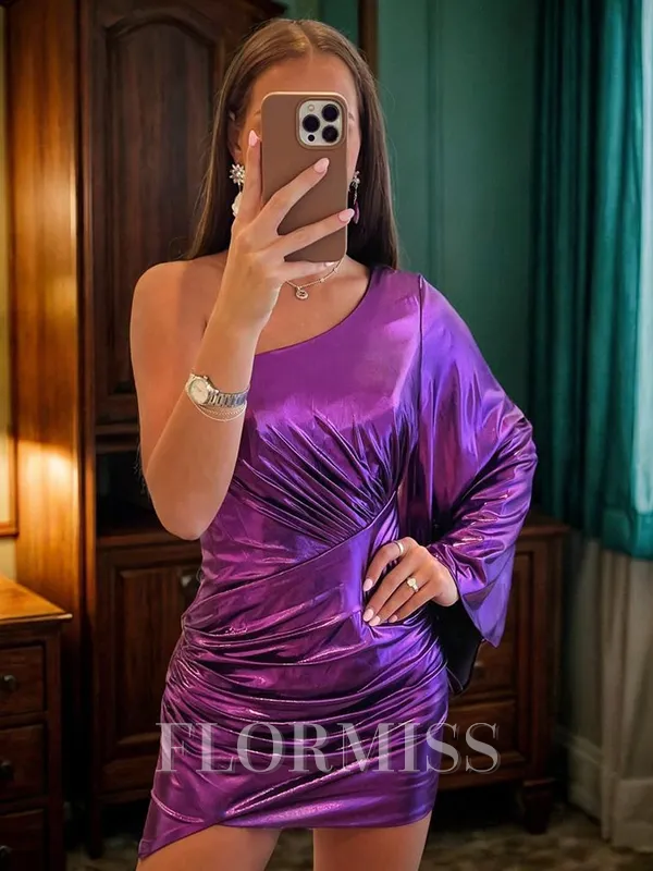 Sheath One-Shoulder Long Sleeves Pleated Short/Mini Metallic Satin Homecoming Dress