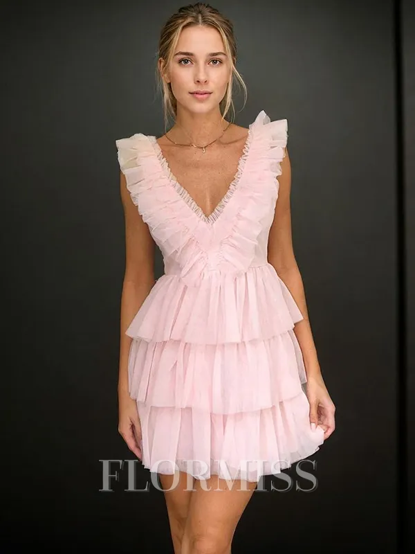 A-line V-neck Cascading Ruffles Short/Mini Tulle Homecoming Dress