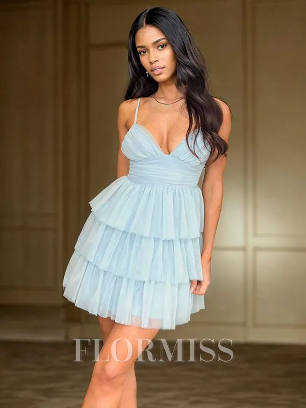 A-line V-neck Cascading Ruffles Short/Mini Tulle Homecoming Dress