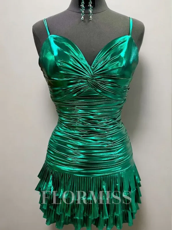 Sheath Spaghetti Straps Pleated Short/Mini Metallic Satin Homecoming Dress