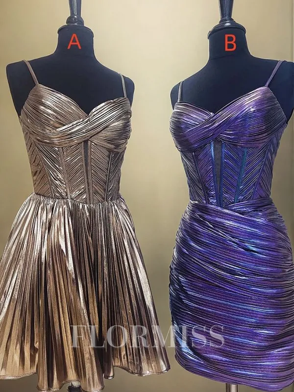 A-line Spaghetti Straps Pleated Short/Mini Metallic Satin Corset Homecoming Dress