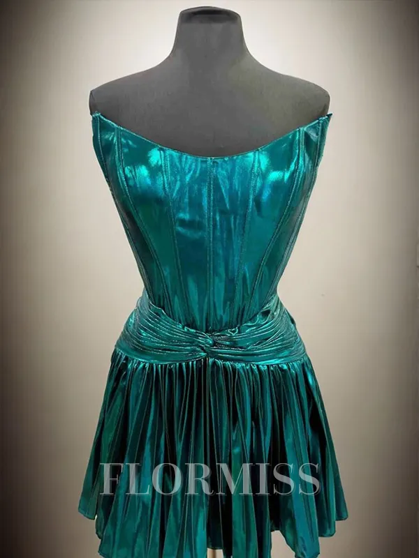 A-line Straight Pleated Short/Mini Metallic Satin Corset Homecoming Dress