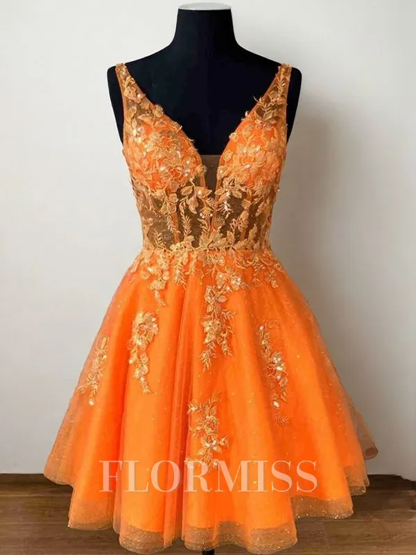 A-line V-neck Appliques Lace Short/Mini Tulle Corset Homecoming Dress