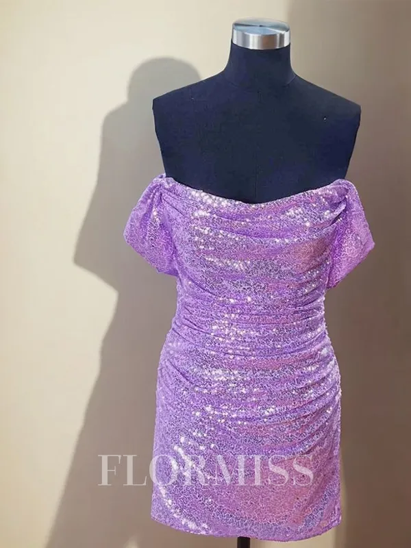 Sheath Off-the-Shoulder Pleated Short/Mini Sequins Homecoming Dress