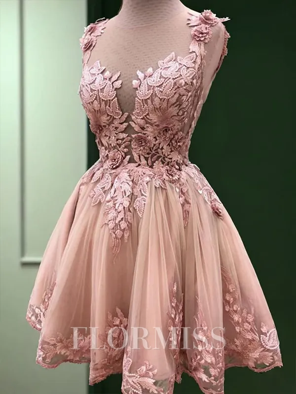 A-line Illusion Appliques Lace Short/Mini Tulle Homecoming Dress