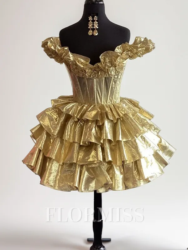 A-line Off-the-Shoulder Cascading Ruffles Short/Mini Corset Homecoming Dress