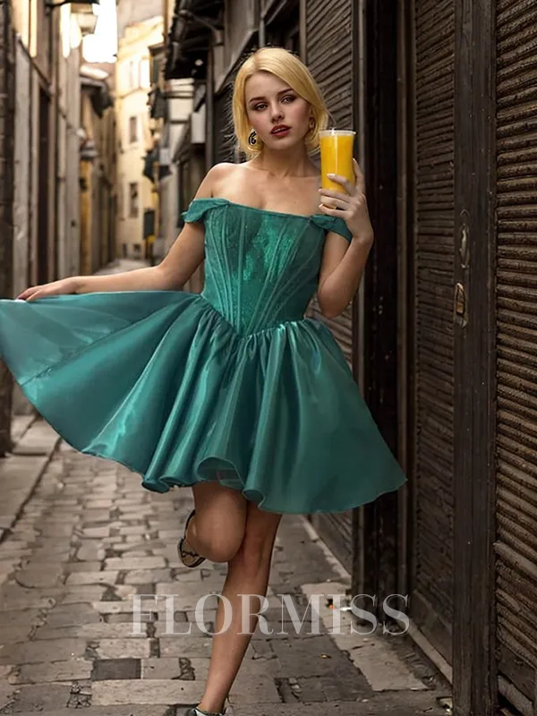 A-line Off-the-Shoulder Ruffles Short/Mini Satin Corset Homecoming Dress