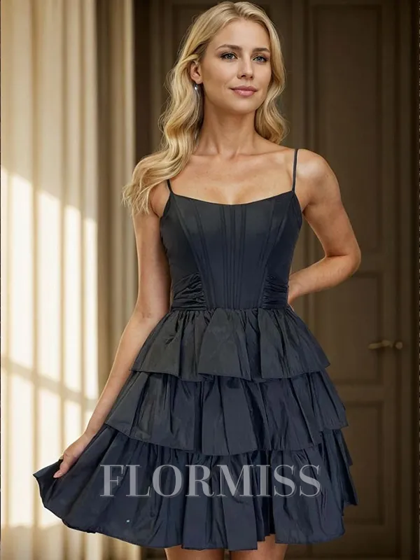 A-line Spaghetti Straps Cascading Ruffles Short/Mini Taffeta Corset Homecoming Dress