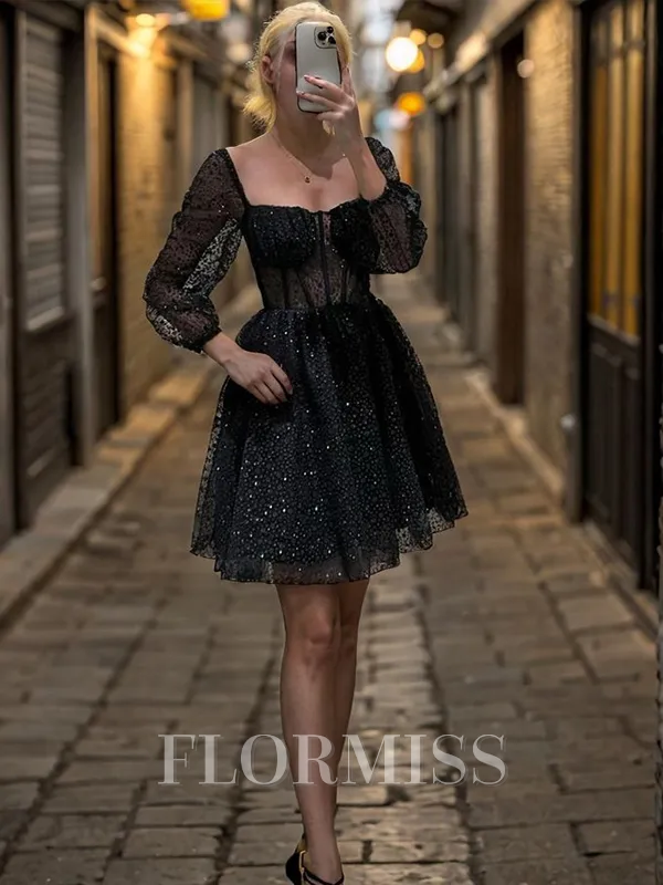 A-line Square Long Sleeves Ruffles Short/Mini Corset Homecoming Dress