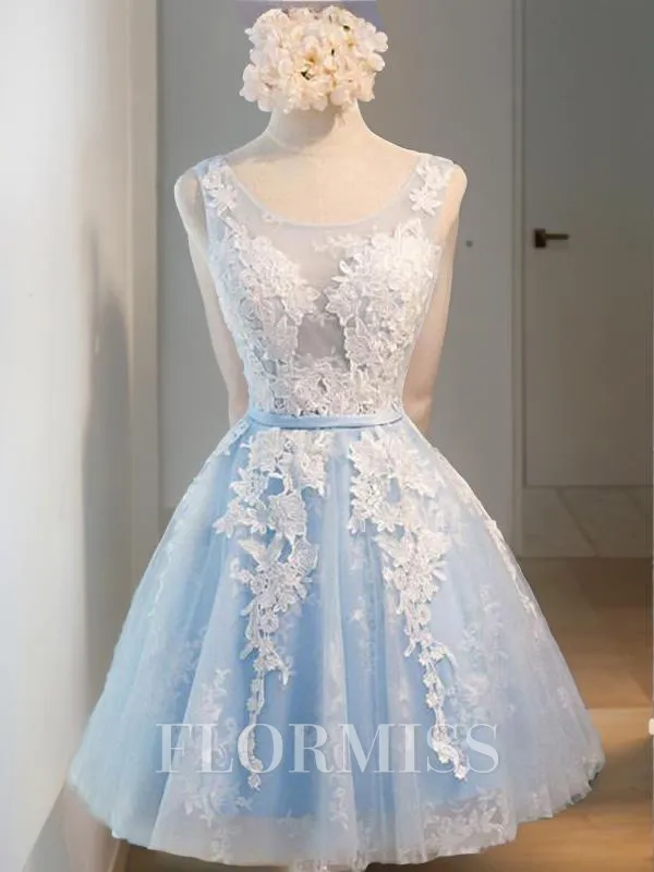 A-Line/Princess Scoop Short/Mini Tulle Homecoming Dress With Appliques Lace