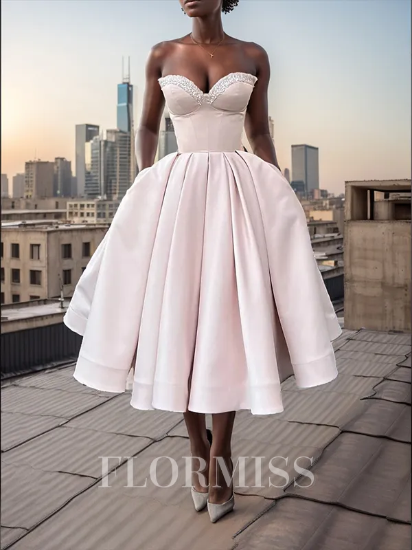 A-line Sweetheart Sequin Tea-Length Satin Homecoming Dress