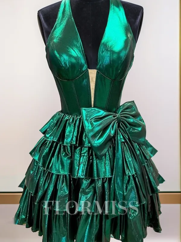 A-line Halter Bow Short/Mini Metallic Satin Homecoming Dress