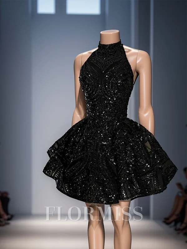A-line Halter Sequin Short/Mini Lace Homecoming Dress