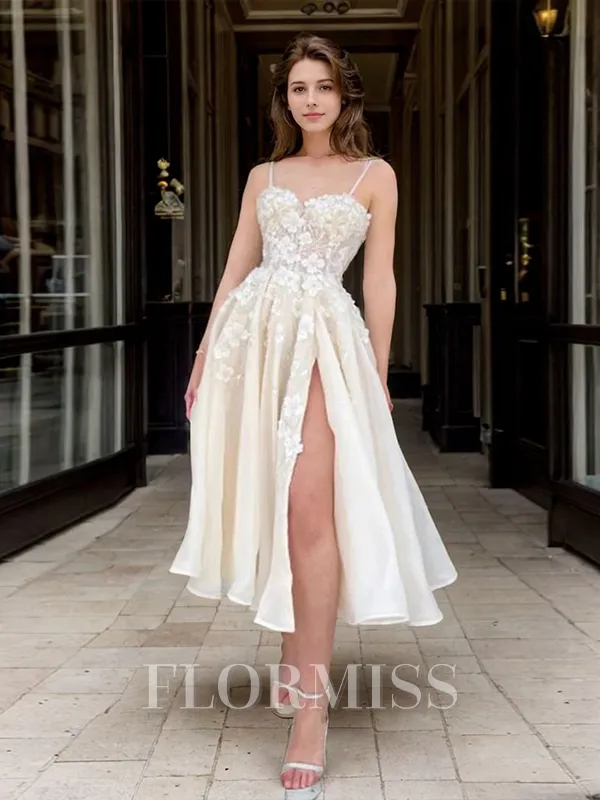 A-line Spaghetti Straps Appliques Lace Tea-Length Organza Homecoming Dress