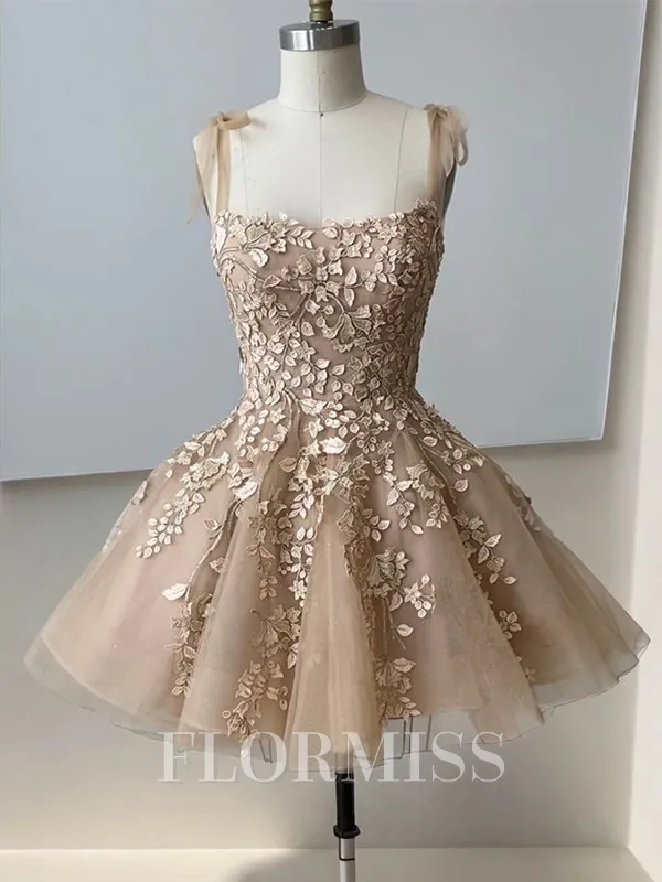A-line Straps Appliques Lace Short/Mini Tulle Homecoming Dress
