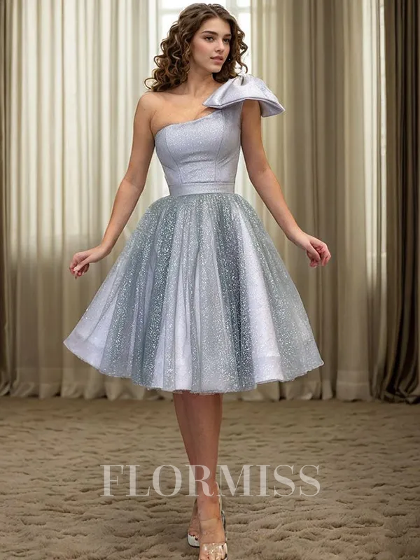 A-line One-Shoulder Bow Knee-Length Tulle Homecoming Dress