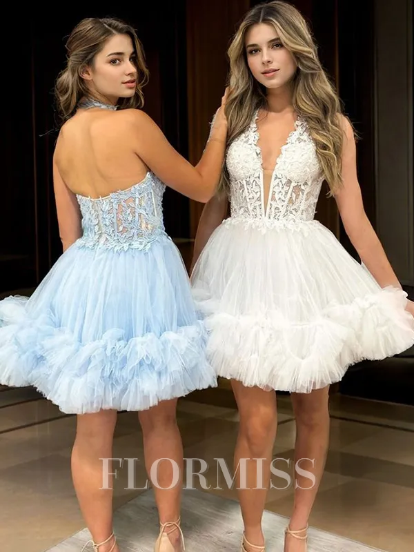 A-line Halter Appliques Lace Short/Mini Tulle Corset Homecoming Dress