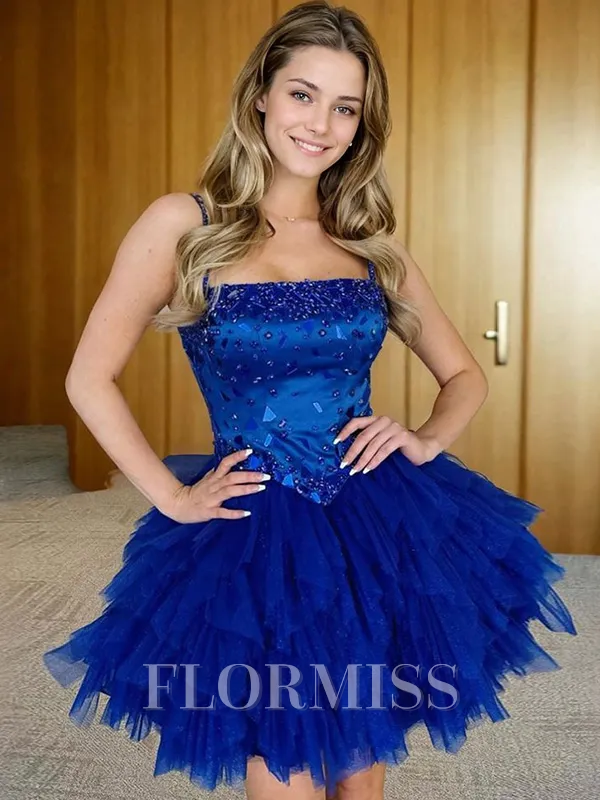 A-line Spaghetti Straps Beading Short/Mini Tulle Homecoming Dress