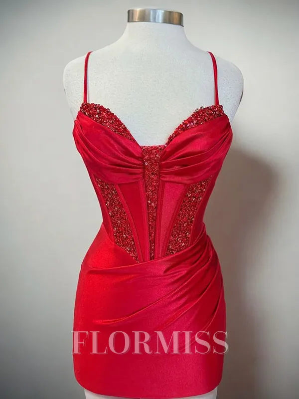 Sheath Spaghetti Straps Pleated Short/Mini Silk Like Satin Corset Homecoming Dress