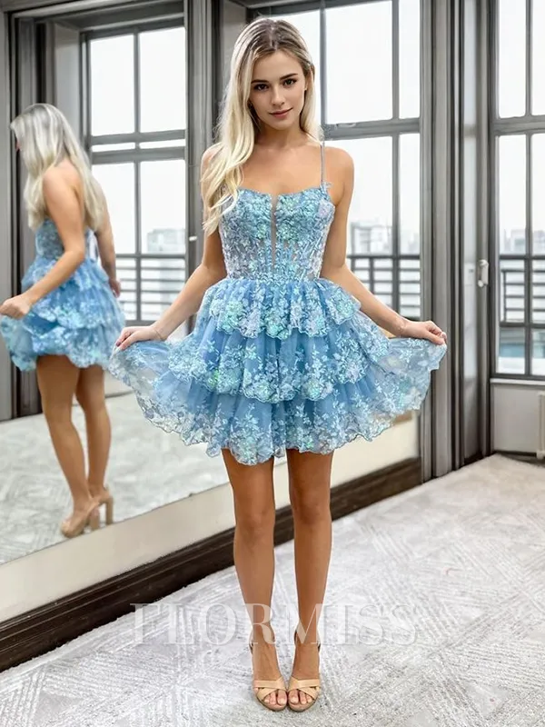 A-line Spaghetti Straps Appliques Lace Short/Mini Tulle Corset Homecoming Dress
