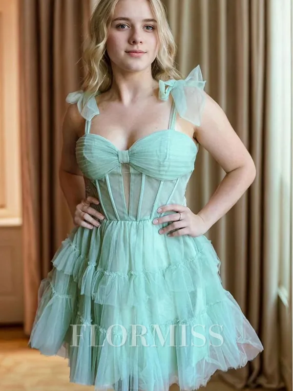 A-line Sweetheart Cascading Ruffles Short/Mini Tulle Corset Homecoming Dress
