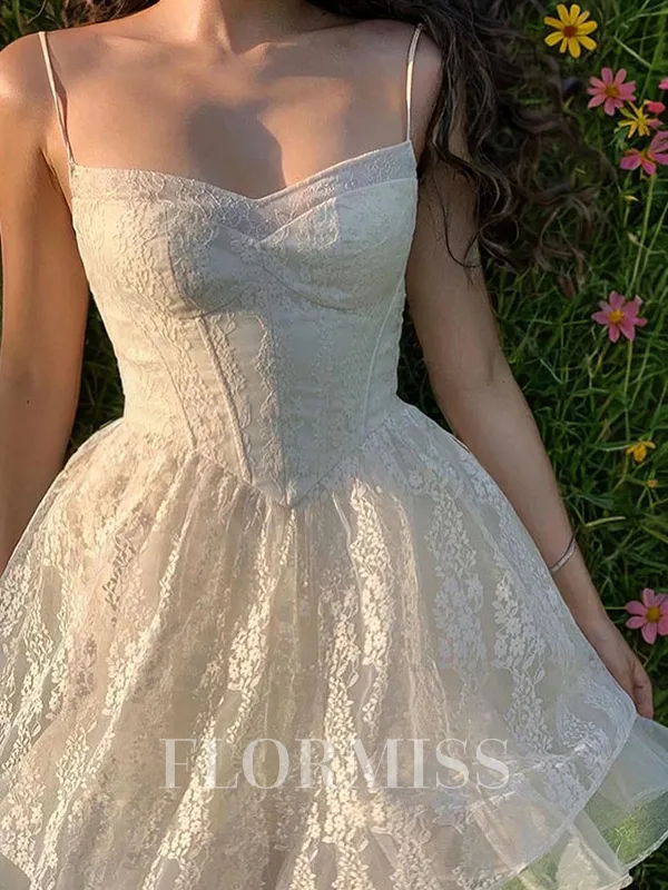 A-line Spaghetti Straps Ruffles Short/Mini Lace Corset Homecoming Dress