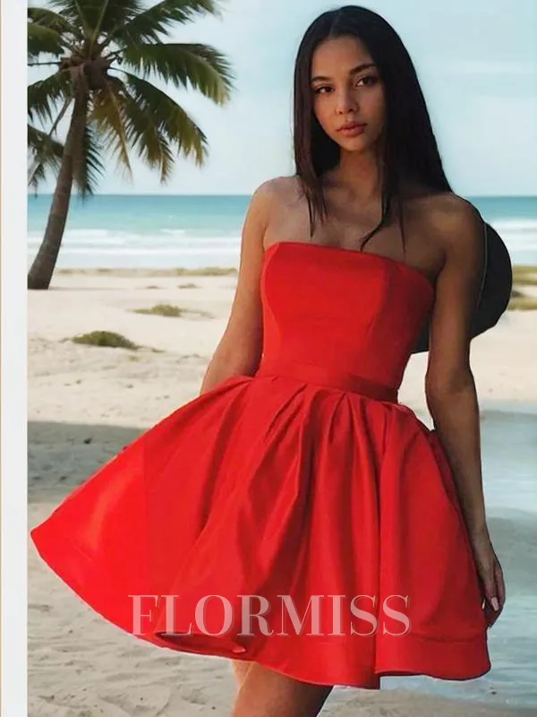 A-Line/Princess Strapless Short/Mini Satin Homecoming Dress