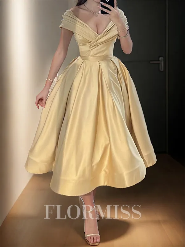 A-line V-neck Pleated Tea-Length Silk Like Satin Corset Homecoming Dress