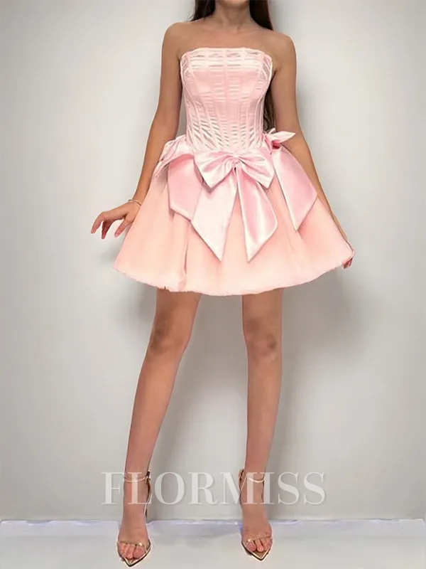 A-line Straight Bow Short/Mini Satin Corset Homecoming Dress